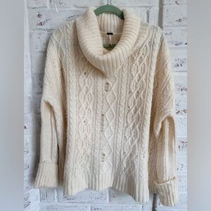 Free People Cowl Neck Distressed Lightweight Sweater Oversized Cream- Size M